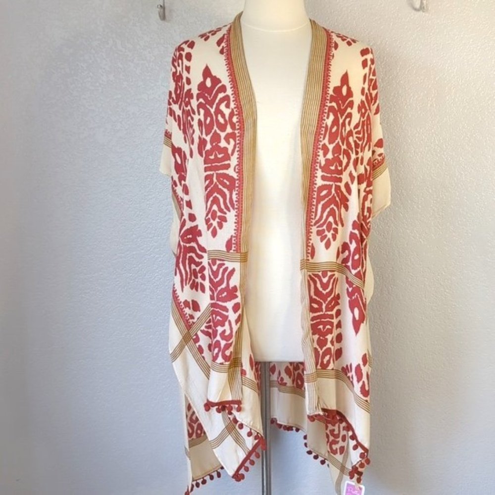 Pretty Please One size Kimono Rust & Cream Pom Pom Tassel